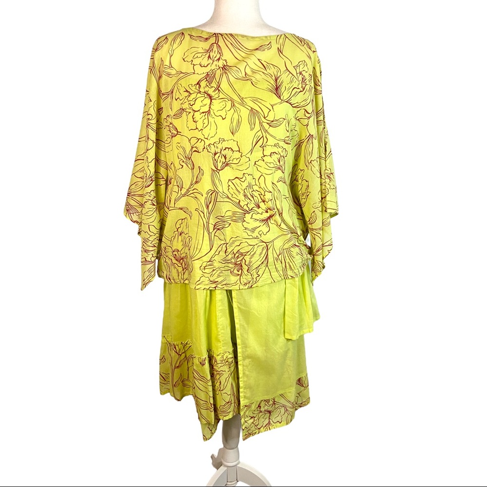 Jacques Ruc 2 Piece Chartreuse Maroon Floral Gauzy Layered Oversized Dress